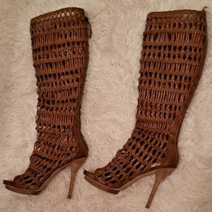 Nine West Tall Macrame Leather Tan Vintage America Boot with Back Zipper-Size 8